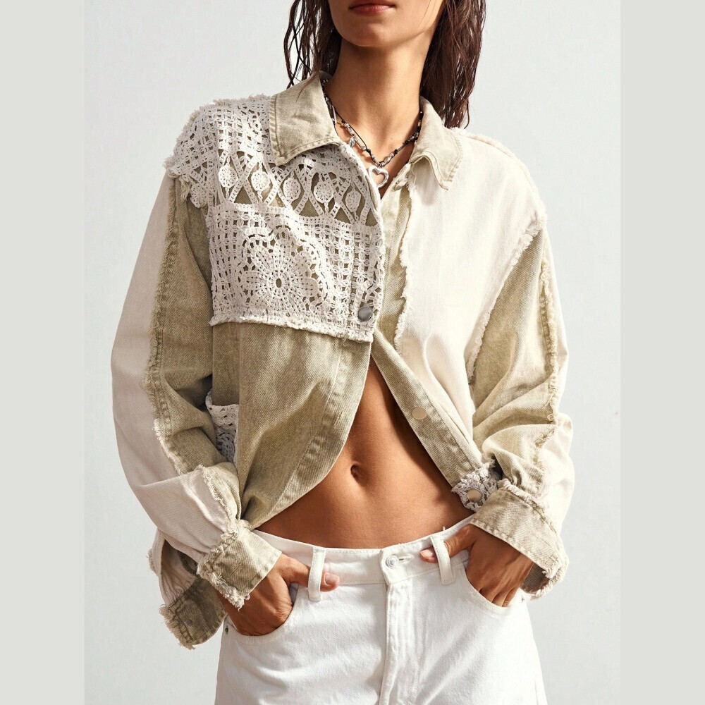 Tan Crochet Colorblock Denim Shirt Jacket with Frayed Trim